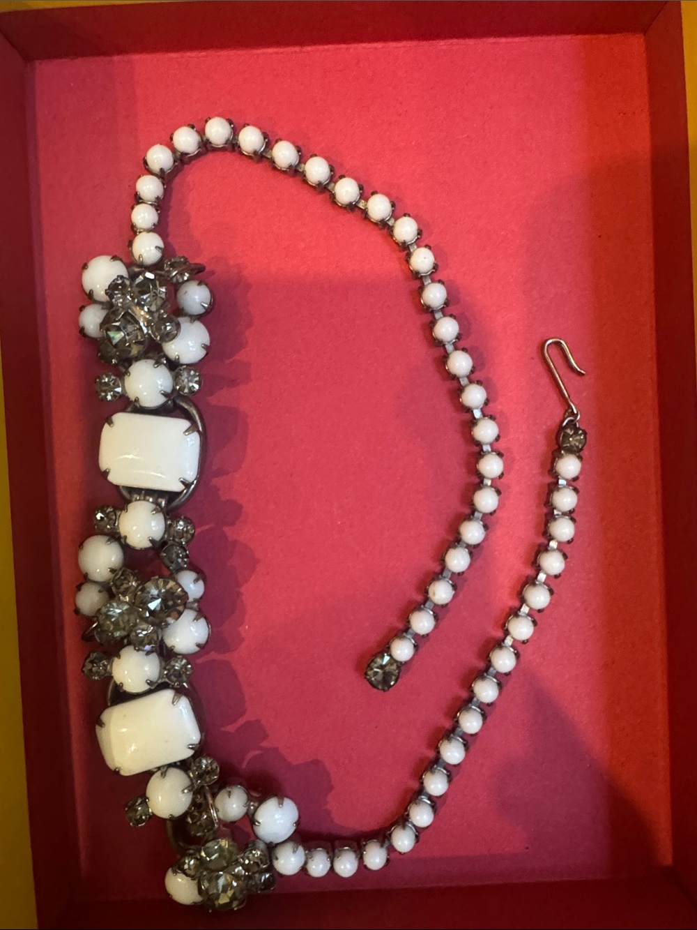 Vintage Juliana White Milk Glass & Rhinestone Necklace